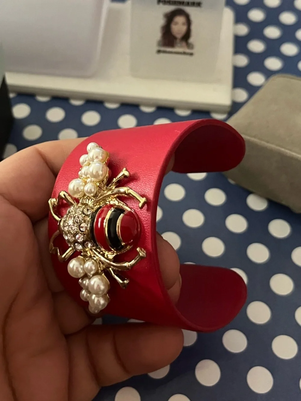 NWOT Red Leather-like Bee Pearl Accent Cuff Bracelet - Picture 3 of 9